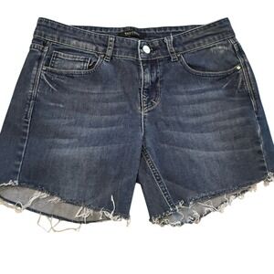 White House Black Market Noir Denim Shorts Dark Wash Frayed Hem Size 4R